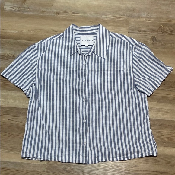 Lola River short sleeved button up shirt Blue white stripe Boxy womens L Cotton - Picture 2 of 8